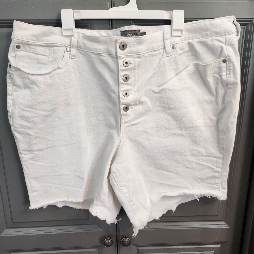Torrid White Jean Shorts with Button fly, Frayed Hem